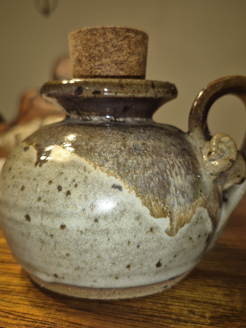 Source Unknown Ceramic Oil Jar in Cream and Brown Drip Glaze